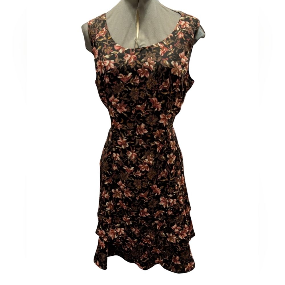 Vintage‎ Betsy Lauren Black Floral Mid Length Cross Back  Sleeveless Dress Boho